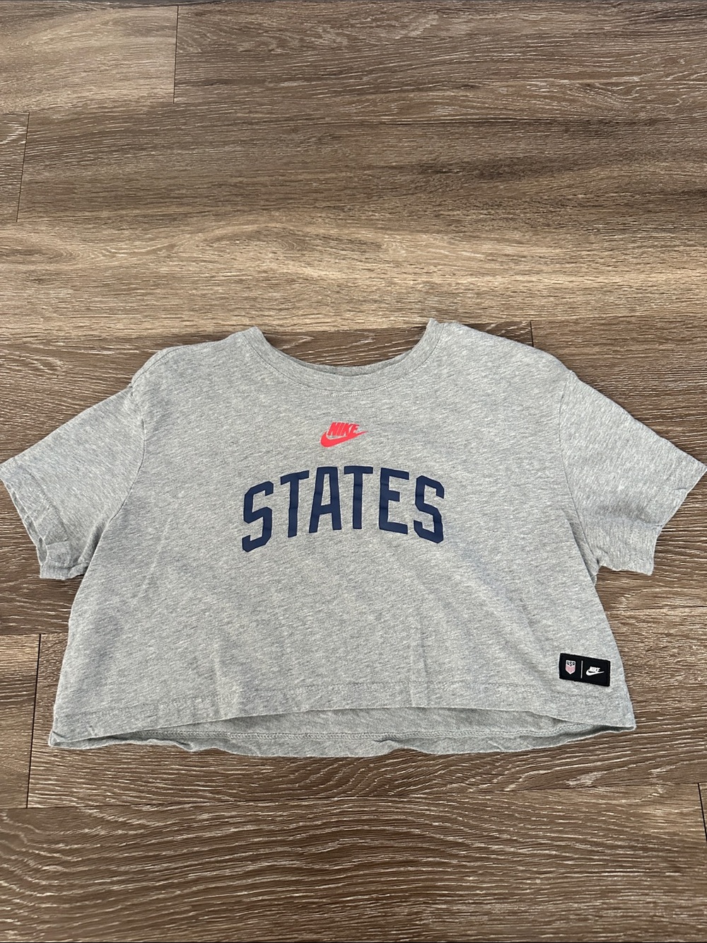 Nike Light Gray Crop Tee with Navy STATES and Pink Swoosh
